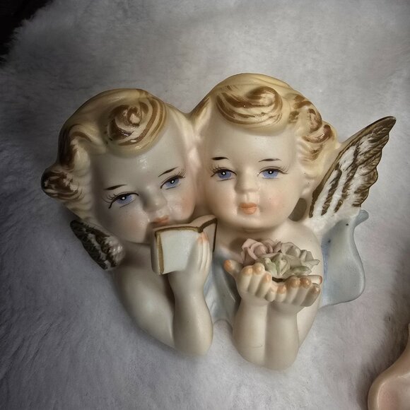 Set of 2 Vintage Sanmyro Double Angels Cherubs Japan Hand Painted Porcelain - Picture 2 of 9